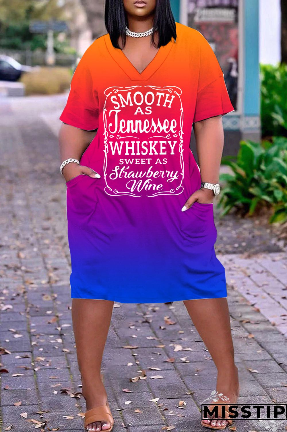 Blue Pink Casual Print Basic V Neck Short Sleeve Dress