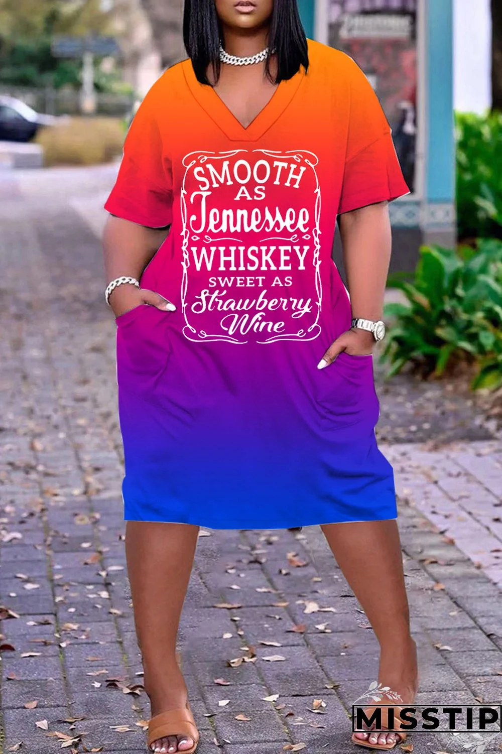 Blue Pink Casual Print Basic V Neck Short Sleeve Dress