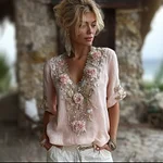 Vintage Boho Pink Roses Embroidered V Neck Linen Tunic - Image 2