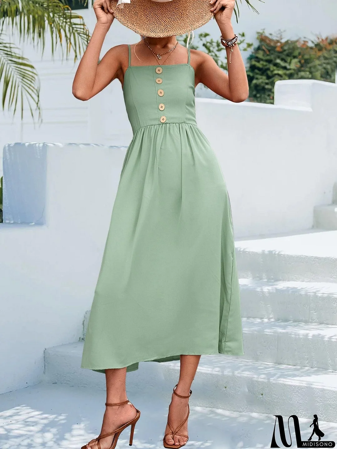 MidiSono - Decorative Button Spaghetti Strap Midi Dress