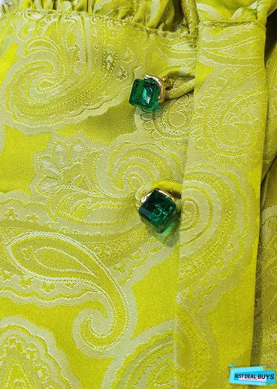 Yellow Stand Collar Jacquard Silk Blouses Long Sleeve