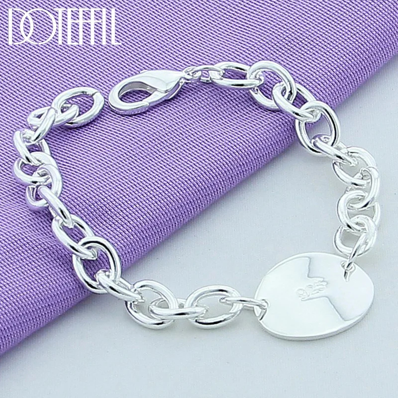 DOTEFFIL 925 Sterling Silver Round Oval Tag Pendant Bracelet Chain For Women Man Jewelry