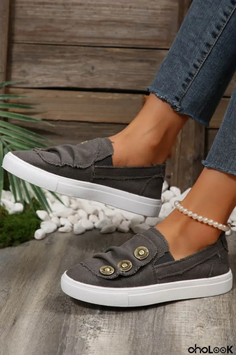 Gray Button Decor Round Toe Distressed Flats