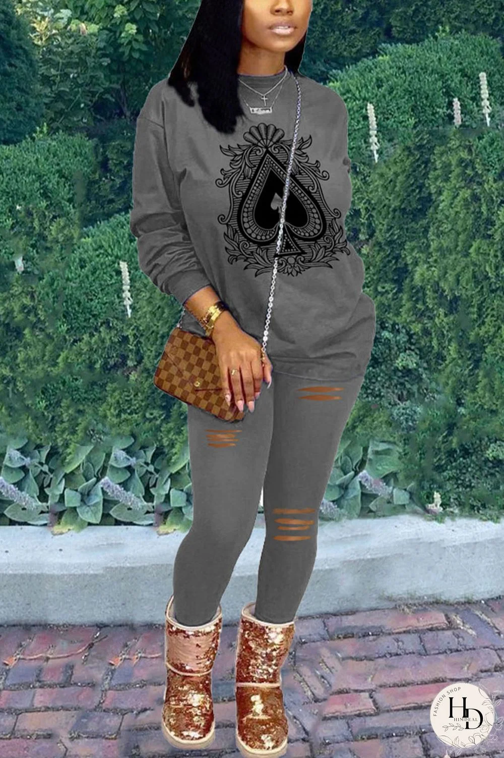 Grey Sexy Print Ripped O Neck Long Sleeve Two Pieces