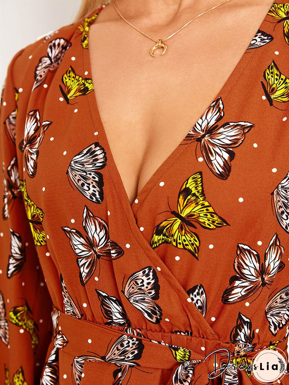 Butterfly Print Belt Long Sleeve V-neck Maxi Dress