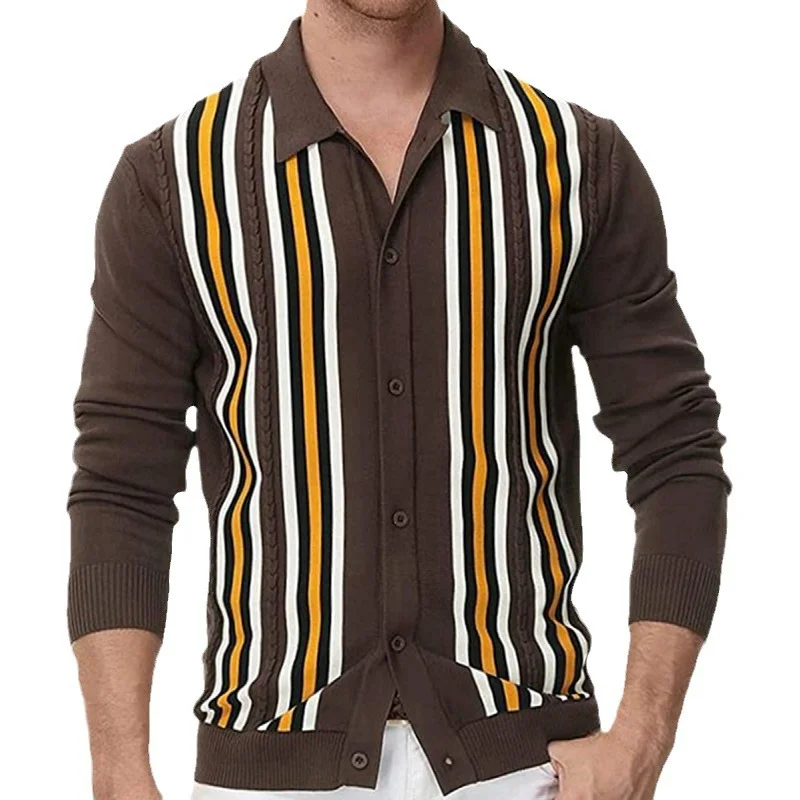 Uveng Uveng Men's Men's Spring Thin Knits Business Casual Long Sleeve Striped Polo Shirts