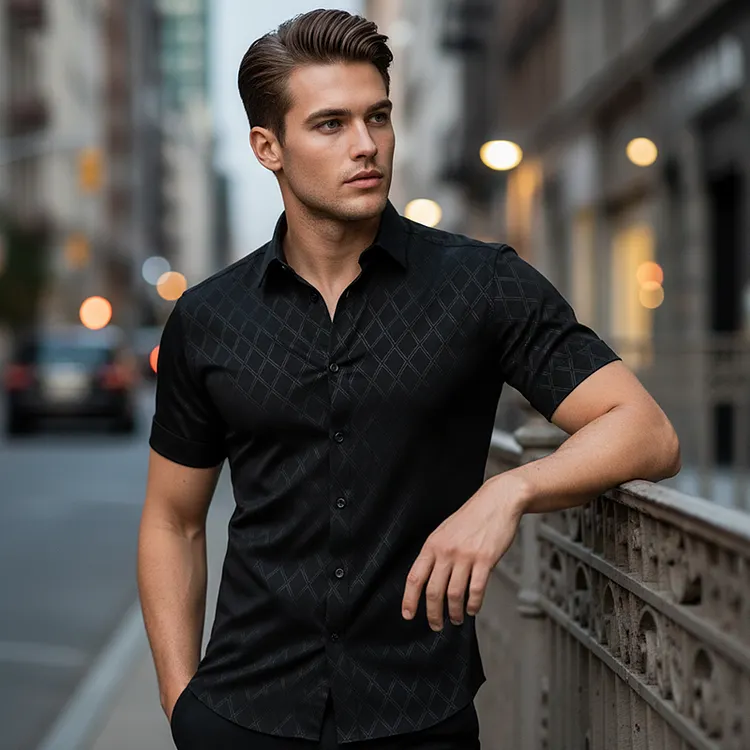 Men's Textured Black Short Sleeve Shirt