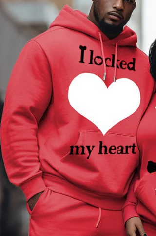 Couple Plus Size Casual Couple Wear Locked Heart Key Graffiti Hoodie Set