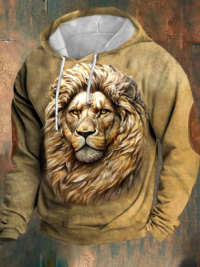 Men's Retro Casual Lion Print Hoodie