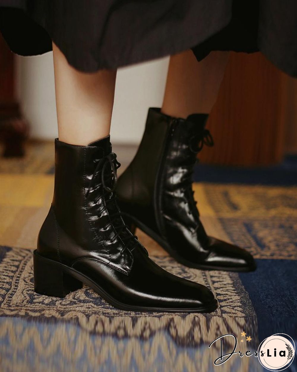 Pointed-toe Solid Color Lace-up Martin Boots