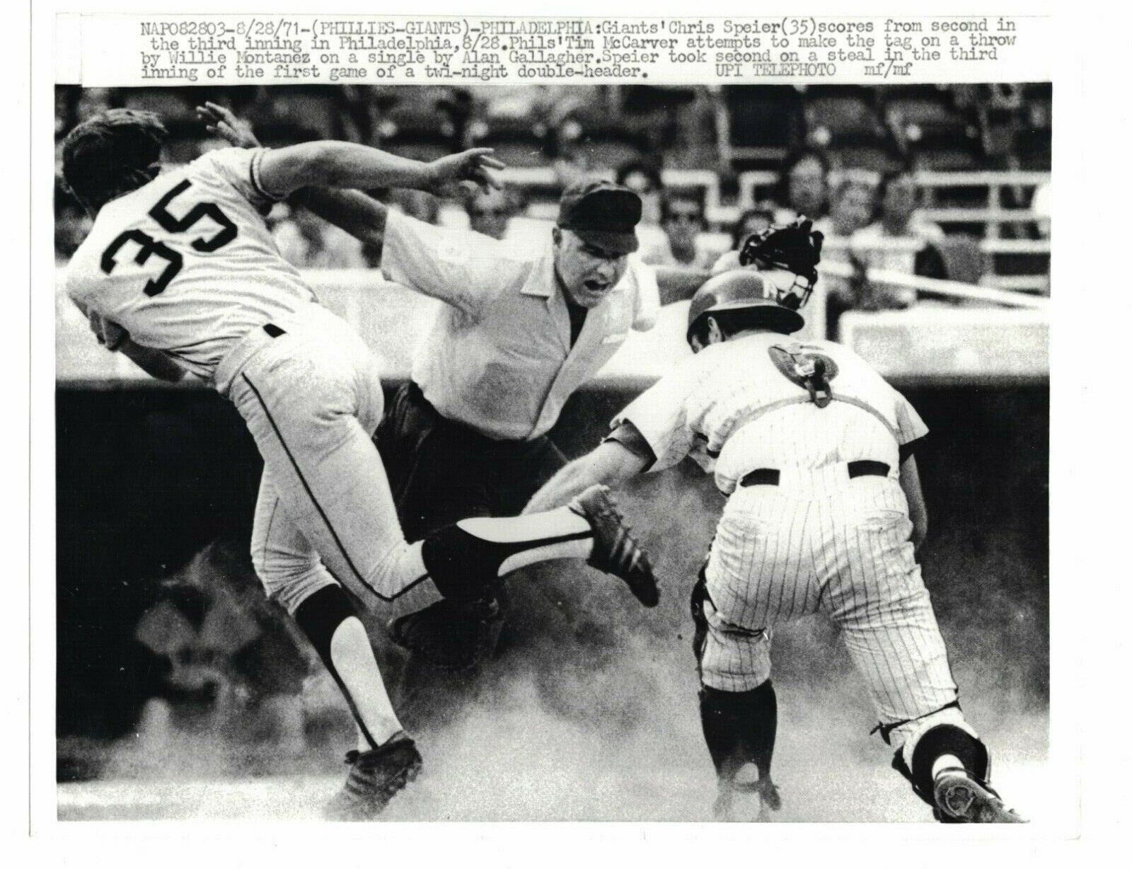 Chris Spier Giants Tim McCarver Phillies 1971 UPI Tele Press Baseball Photo Poster painting RH