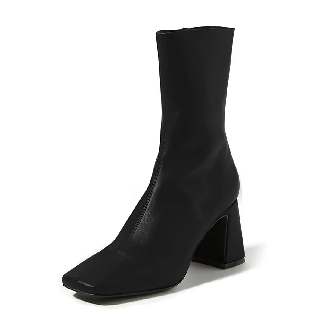 Black Vegan Leather Square Toe Chunky Heel Zipper Mid-Calf Boots