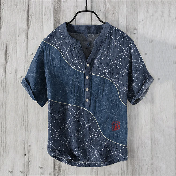 Japanese Geometric Art Print V-Neck Short Sleeved Shirt
