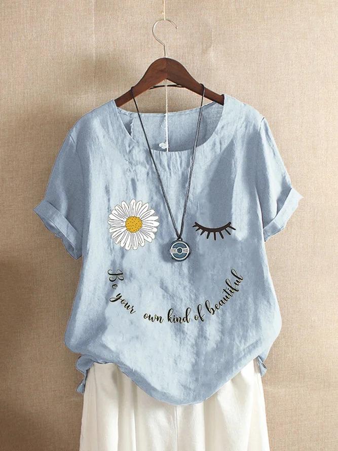 Sun Flower Alphabet Printed Cotton Blended Casual Short Sleeve Top