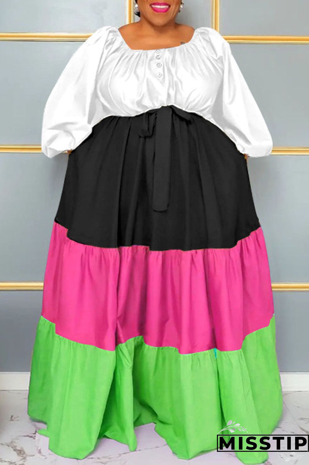 Green Casual Solid Patchwork Square Collar A Line Plus Size Dresses