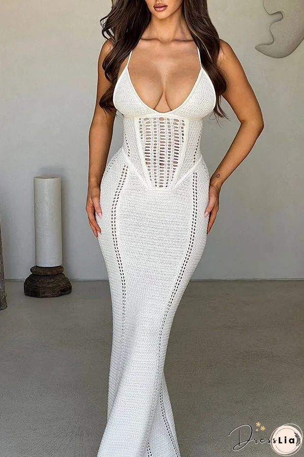 Warm Weather Favorite Knit Crochet Hollow Out Back Lace-up Stretch Maxi Dress