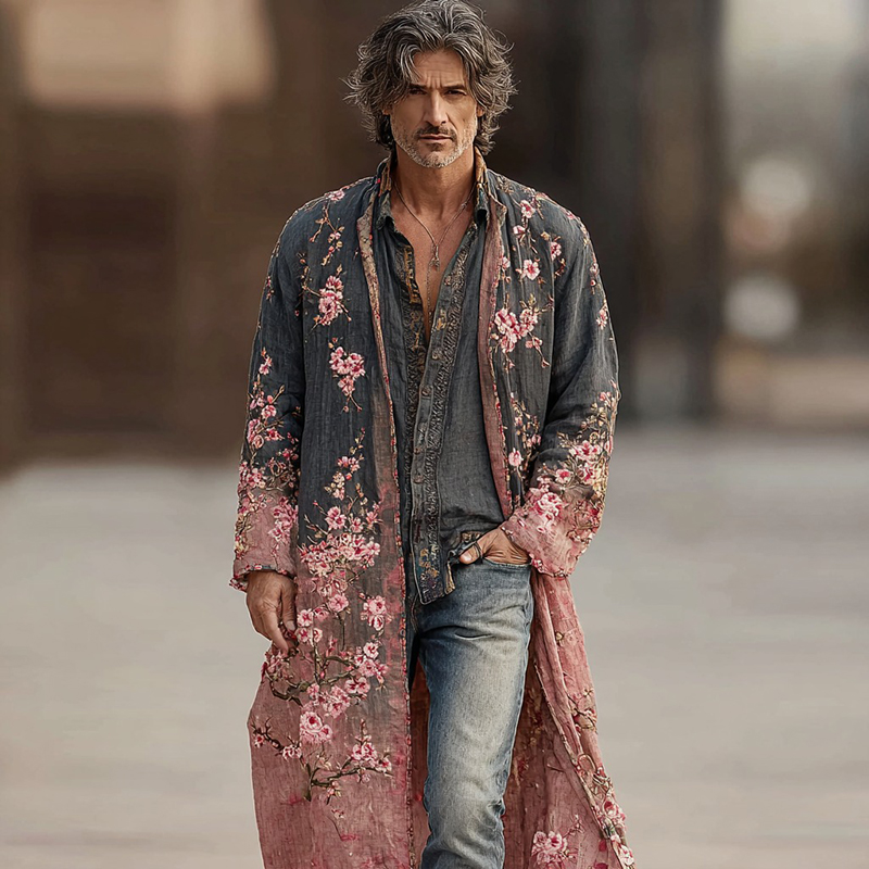 Men's Japanese Cherry Blossom Pattern Linen Blend Long Kimono  artssus