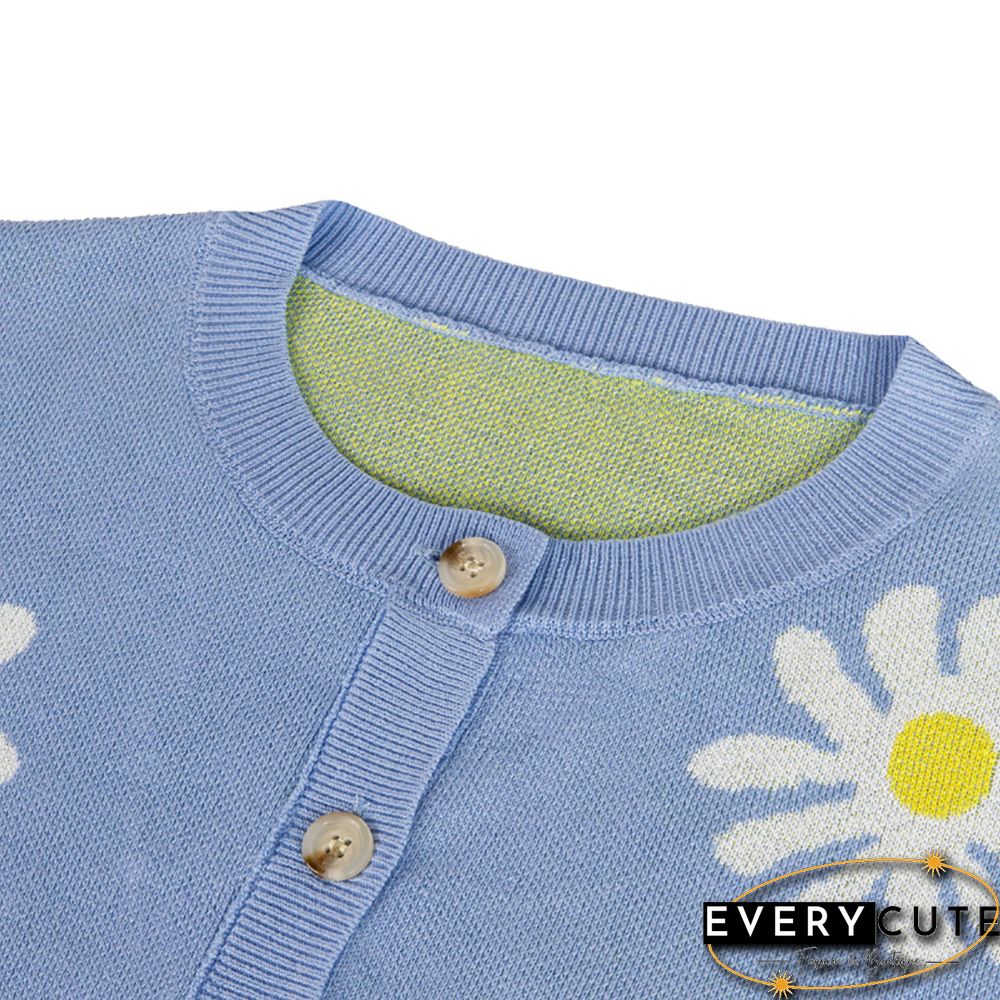 Light Blue Daisy Print Loose Style Knit Cardigan