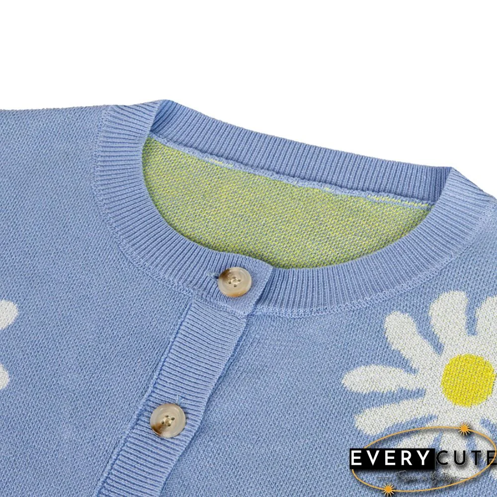Light Blue Daisy Print Loose Style Knit Cardigan