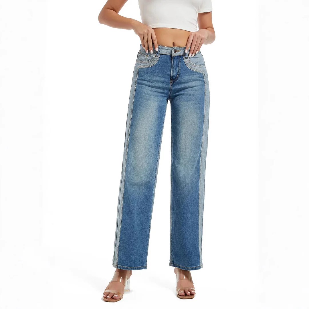 2024 Autumn Large-size Mid-waist Jeans Straight Contrasting Color Jeans
