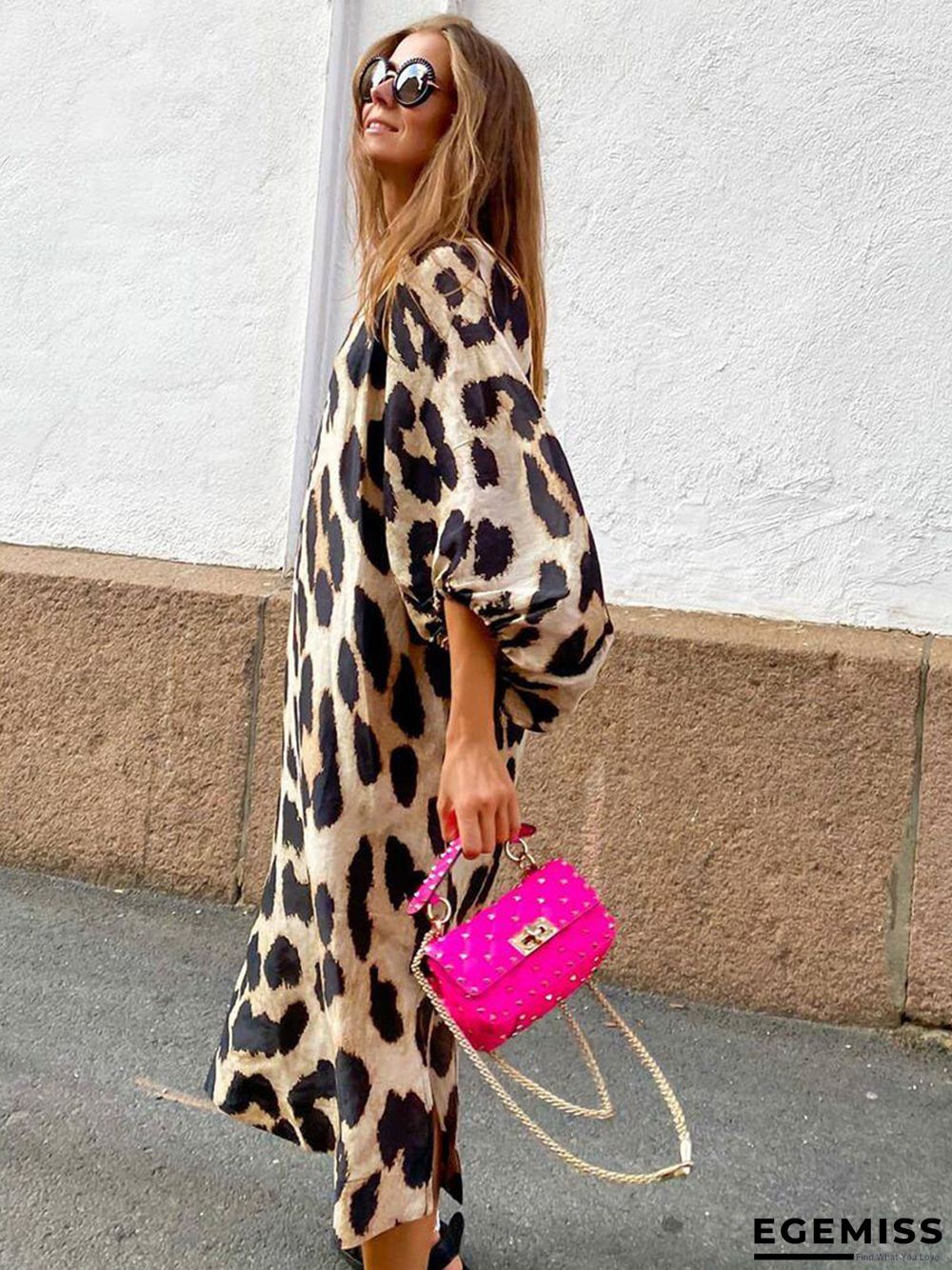 Fashion Leopard Print Loose Lantern Sleeve Dress Long Skirt | EGEMISS
