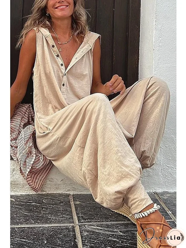 Women's Jumpsuits Casual Summer Button Solid Color Hooded Streetwear Daily Vacation Regular Fit Sleeveless Black Yellow