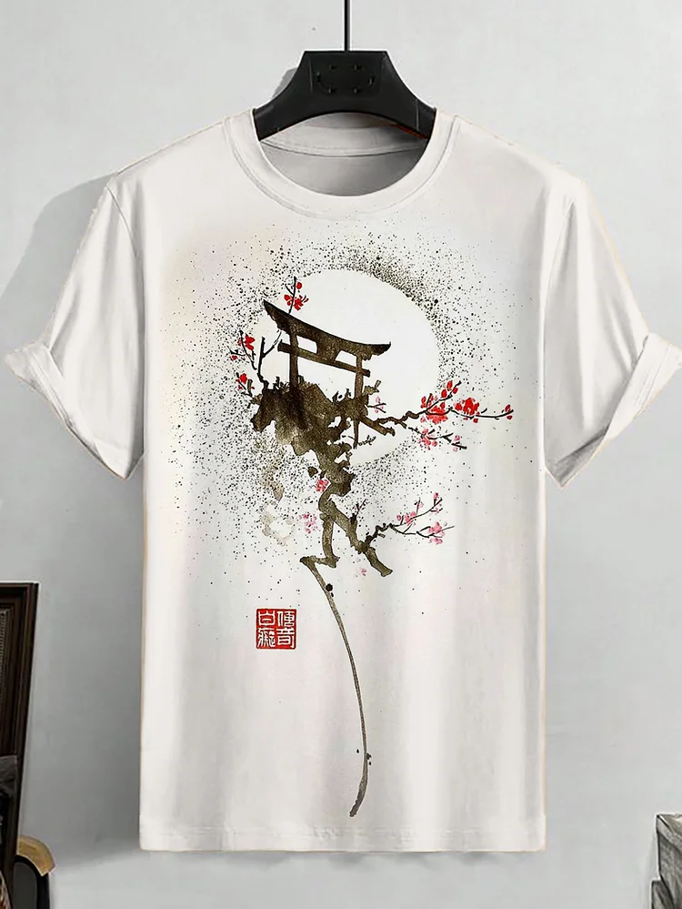 Men's Sakura Blossom Torii Japanese Art Print Retro T-Shirt