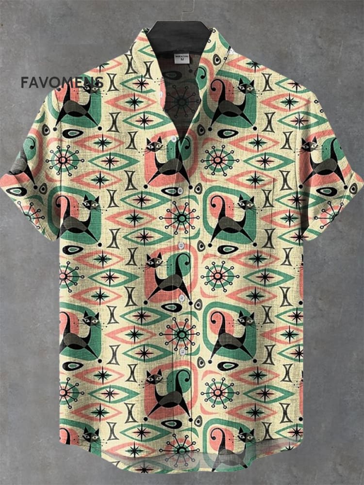 Mid-Centry Cat Vintage Art Print Casual 100% Cotton Shirt Multicolor / S