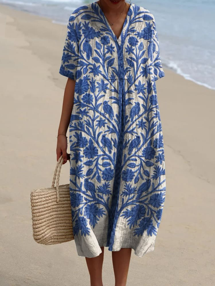 Comstylish Floral Print V-Neck Short Sleeved Casual Midi Dress