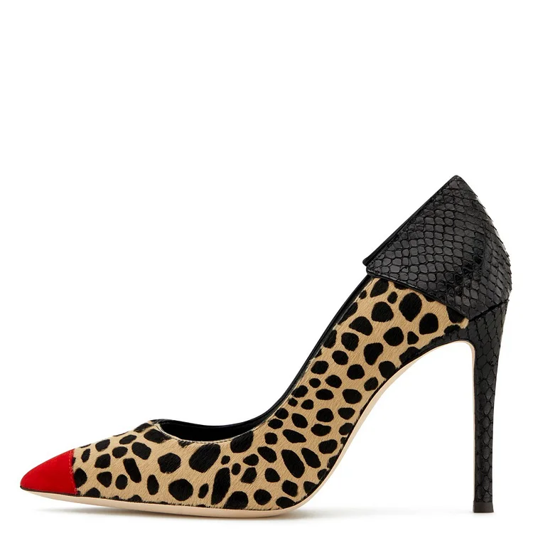 Vegan Suede Leopard Print Horse Fur Black Python Stiletto Heels Pumps |FSJ Shoes