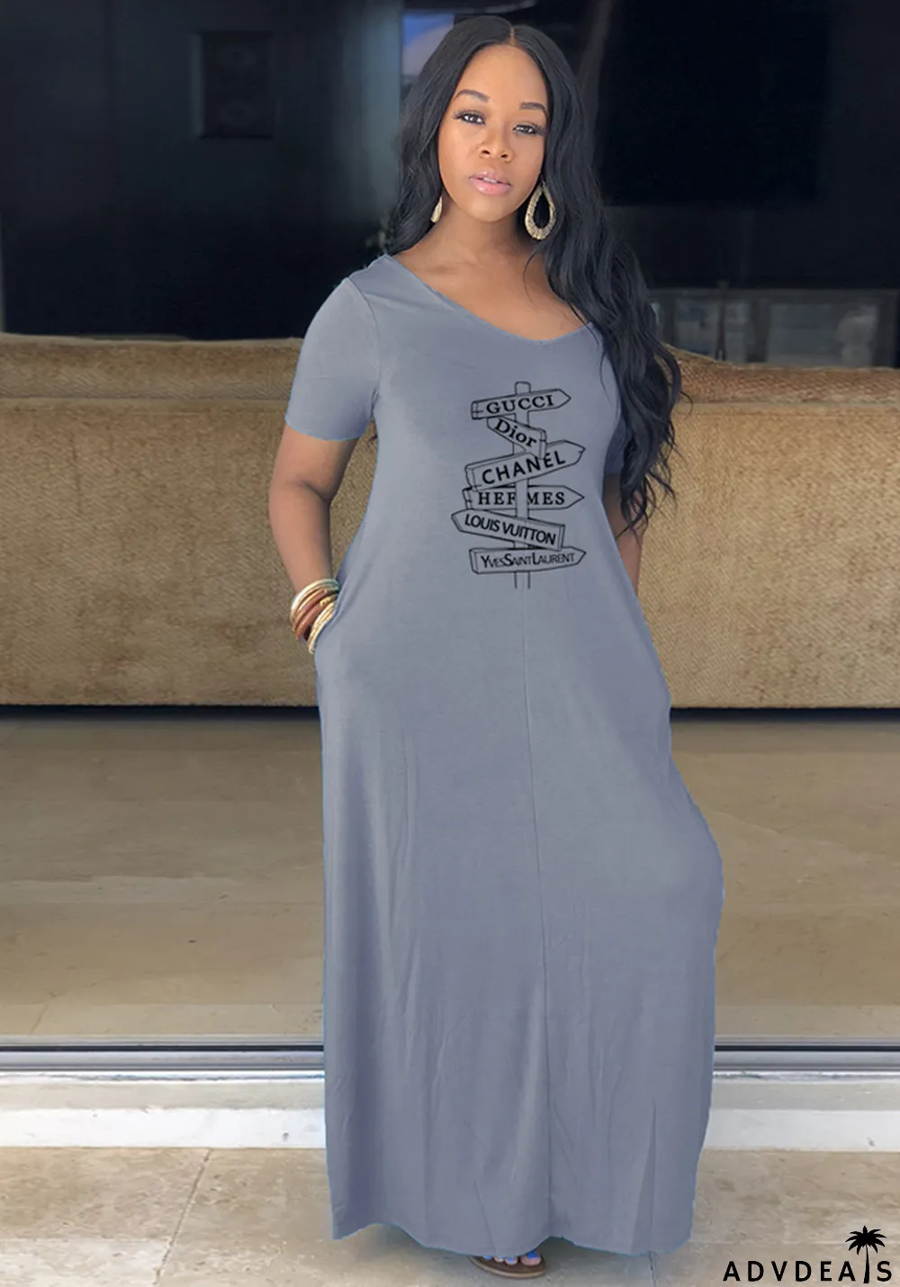 Women Summer Grey Casual V-neck Short Sleeves Print Loose Maxi Dress