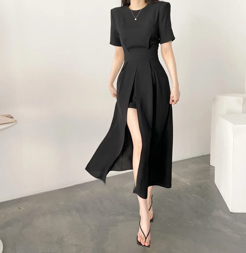 Women Elegant Vestidos 2021 Summer Female Korean Style Slim Casual Party Chic Sexy Spilt Dresses
