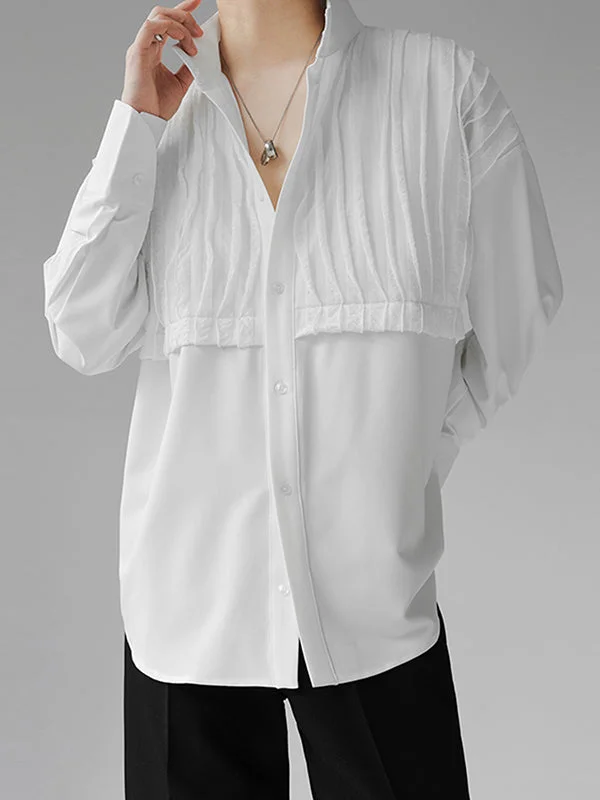 Aonga - Mens Solid Folds Pleated Long Sleeve Shirt