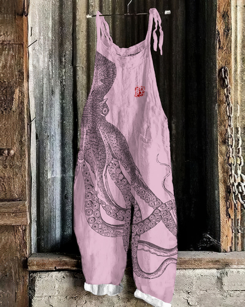 Japanese Art Octopus And Crab Print Casual Art Linen Loose Casual Jumpsuit wearshes