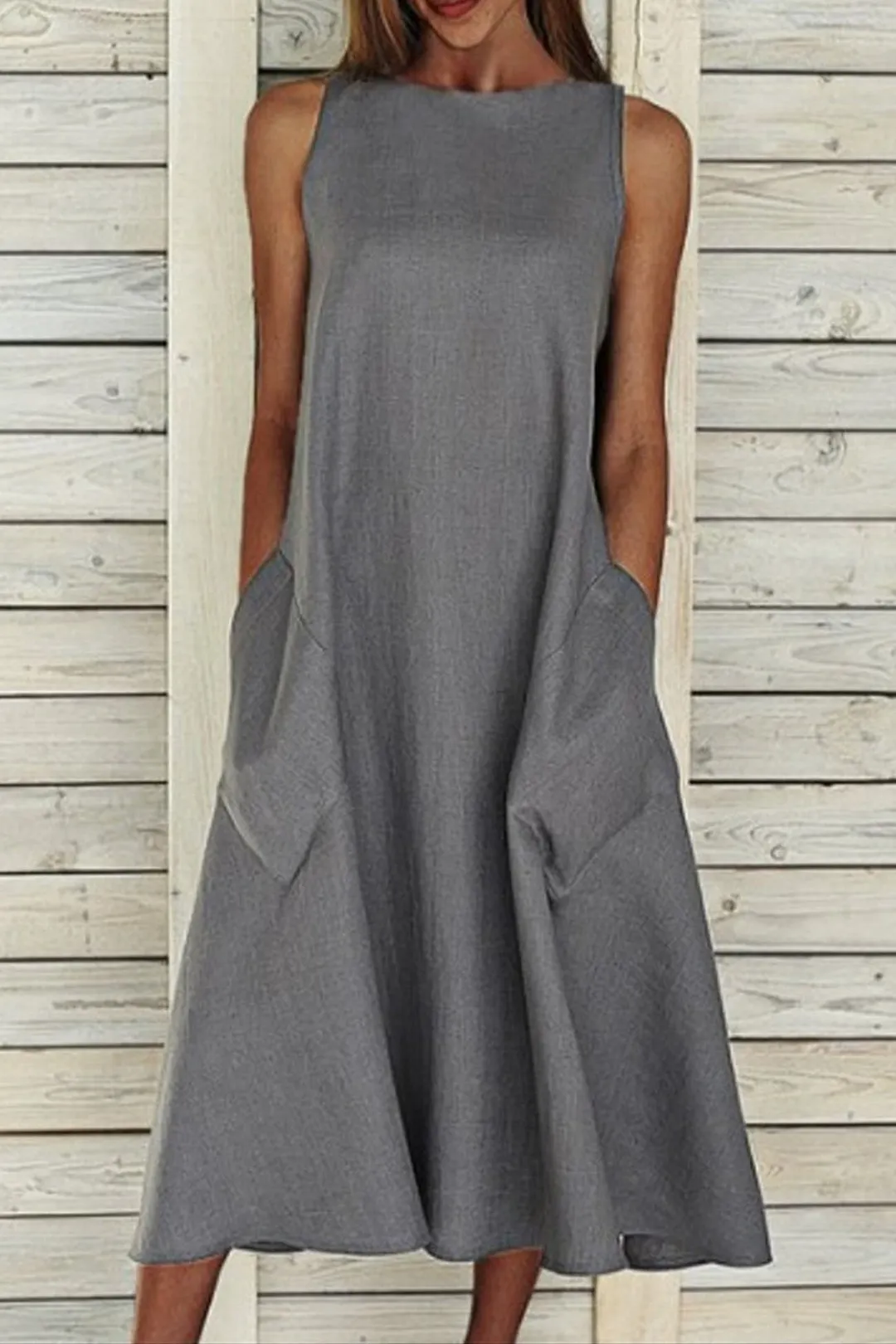 Cotton Sleeveless Large Pocket A-line Dress