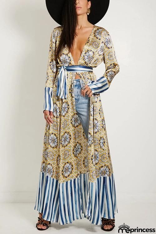 Bohemia Print Stripe Belted Cardigan