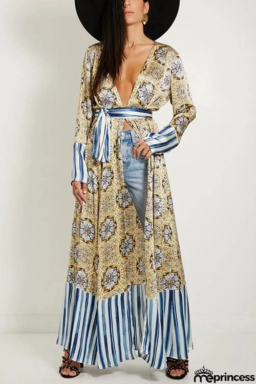 Bohemia Print Stripe Belted Cardigan