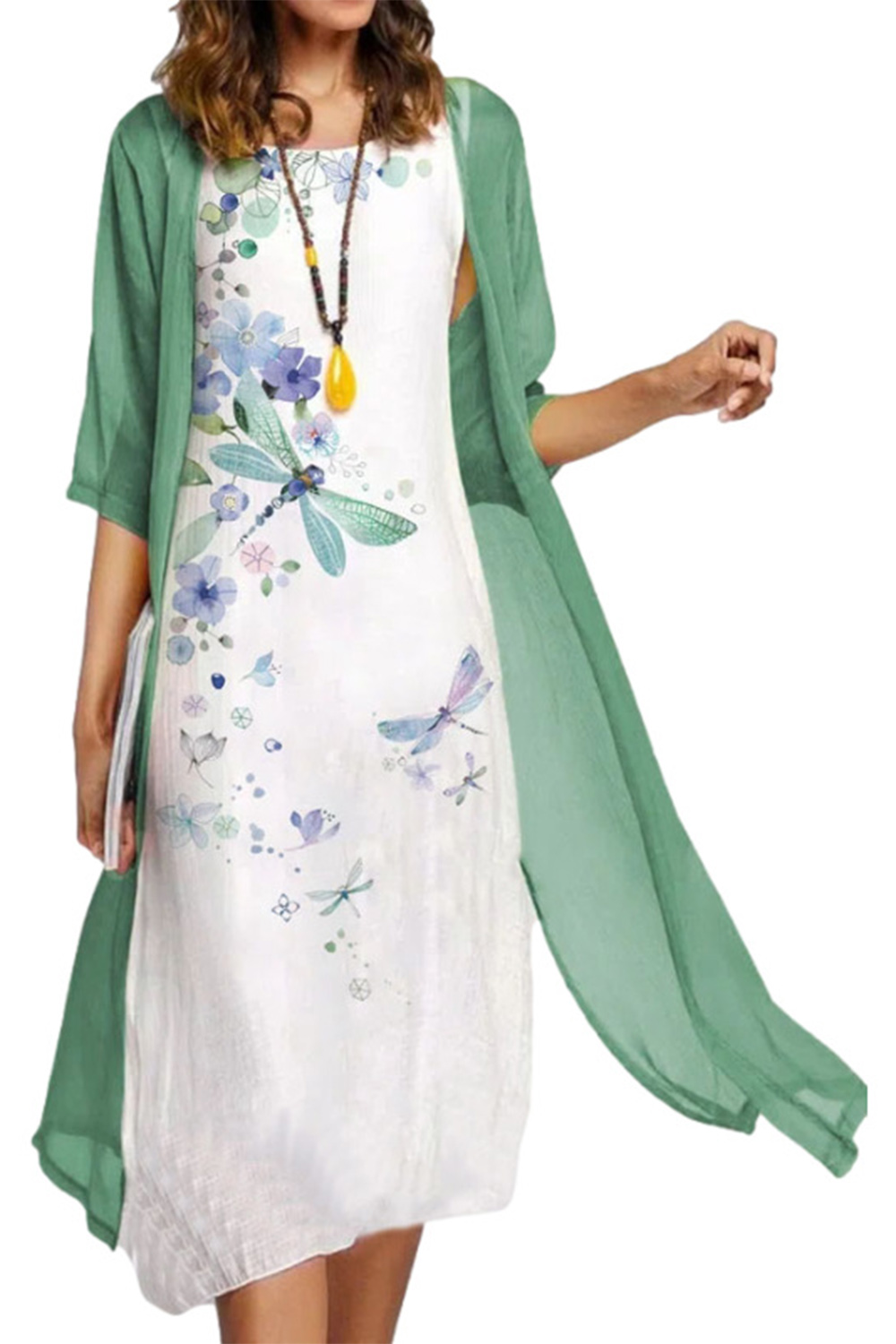 Plus Size Everyday Blue Butterfly Floral Print 3/4 Sleeve Two Piece Midi Dress With Jacket 2024 - Flycurvy 