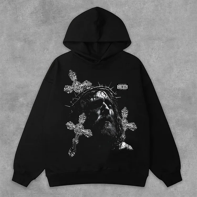 Retro Jesus Cross Graphic Print Side Pockets Hoodie