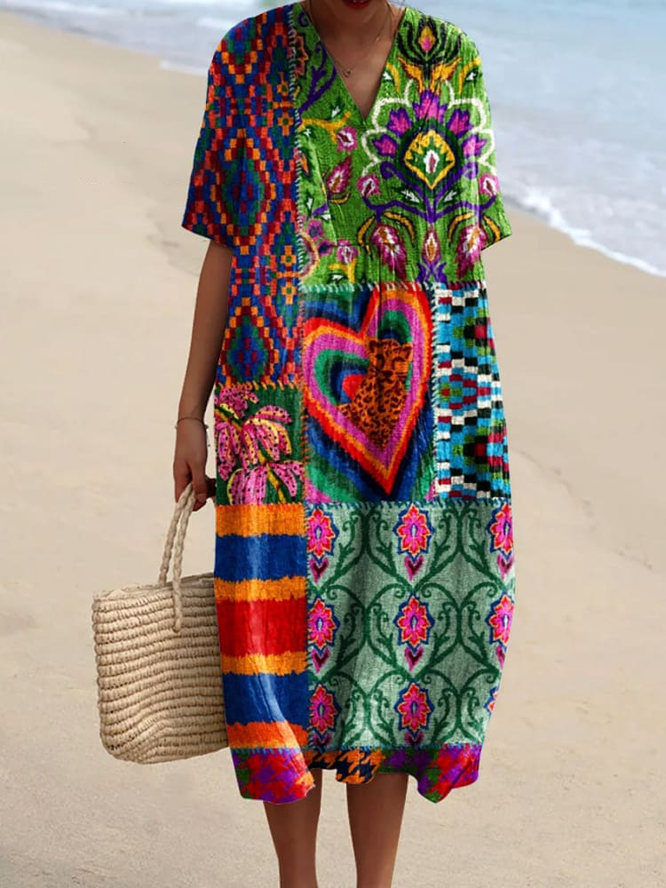 Womens  Artistic Geometric Pattern Print Casual Cotton And Linen Dress