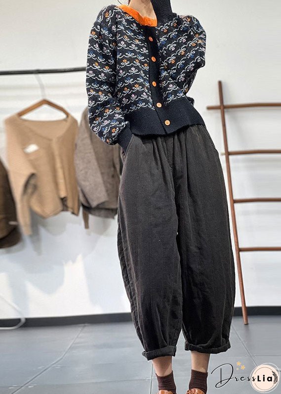 Plus Size Black O-Neck Jacquard Patchwork Knit Cardigans Winter