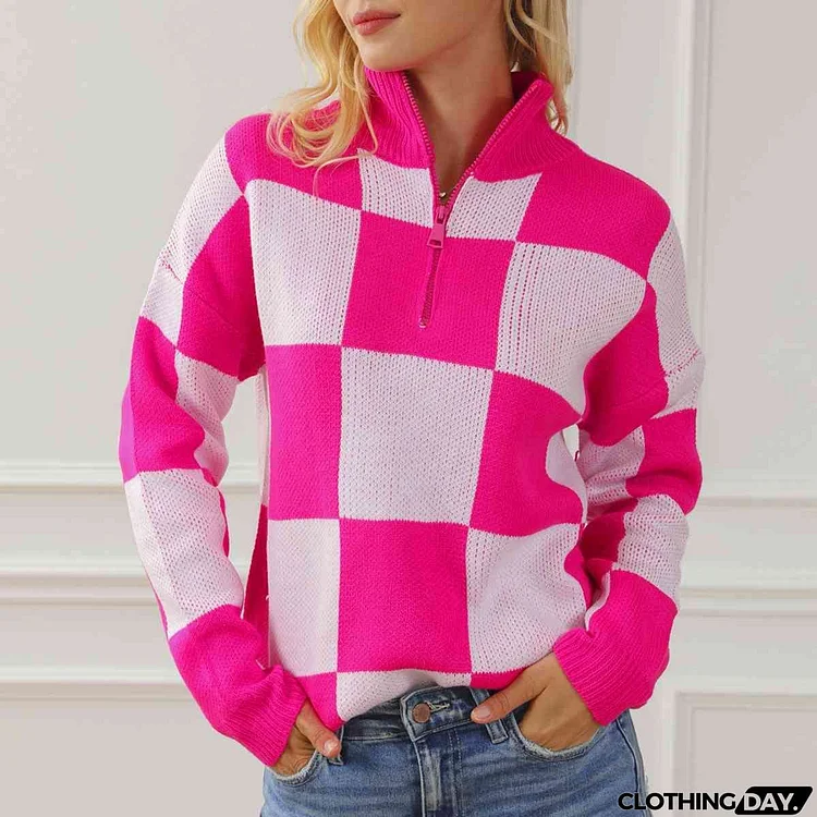 Checkered Half Zip Long Sleeve Sweater