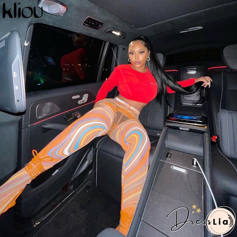 Kliou Mesh Print Foot Pants Women Medium Waist Skinny Body-Shaping Leggings Fashion Sexy High Street Female Trousers Hot