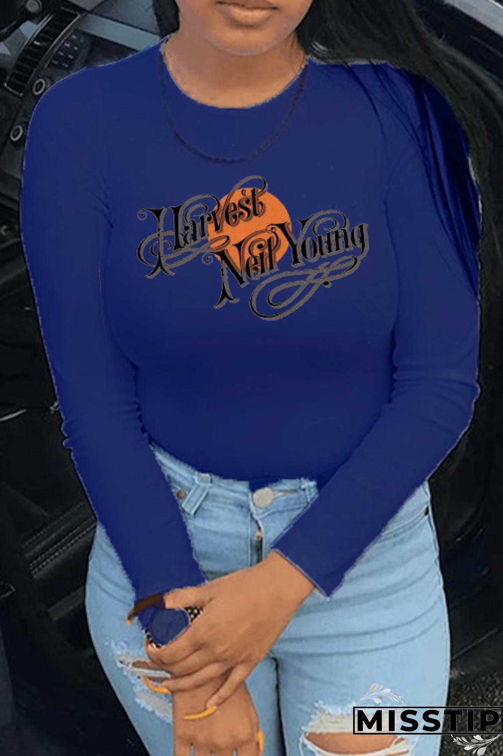 Navy Blue Casual Street Print Patchwork Letter O Neck Tops