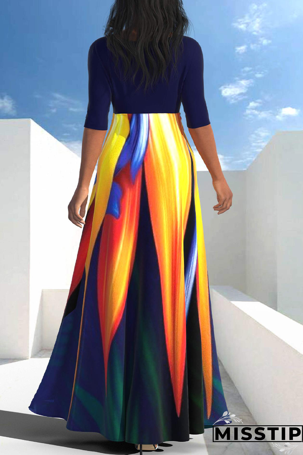 Blue Black Casual Patchwork Tie-dye O Neck Dresses