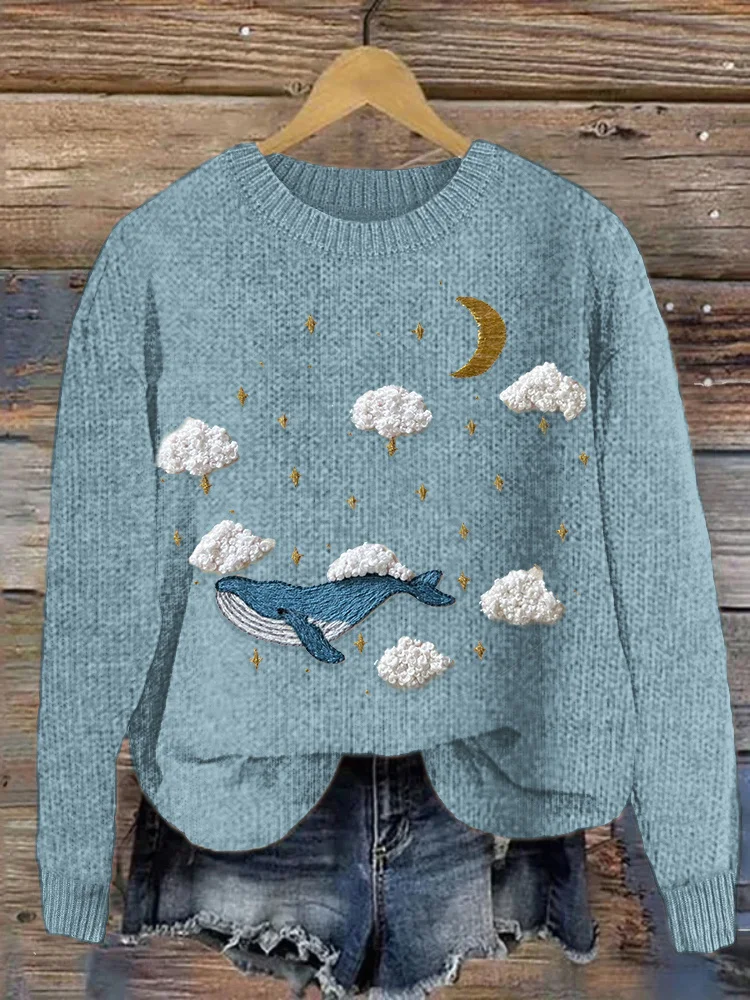Whale Pattern Embroidery Art Cozy Knit Sweater