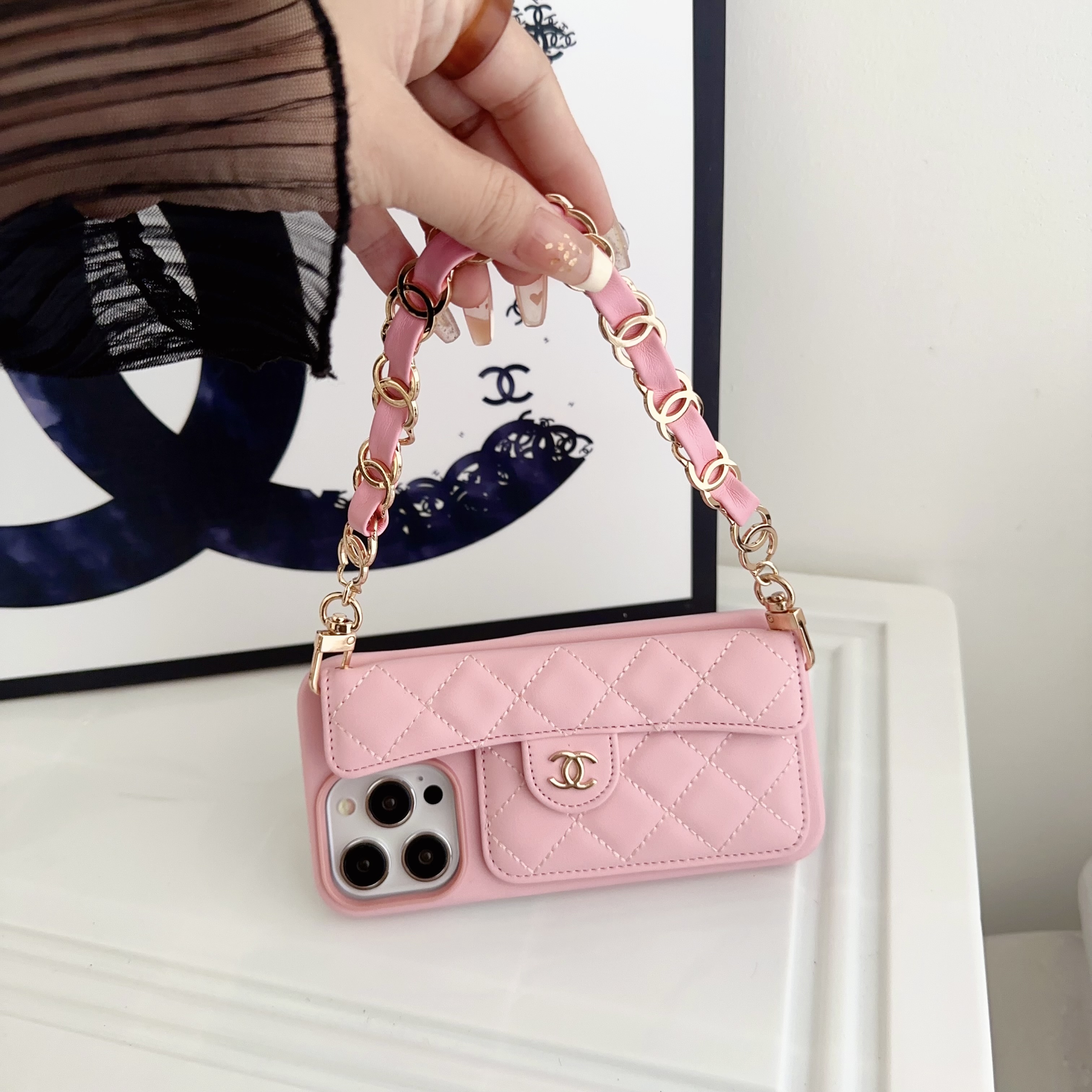 Chanel Official Hand Chain Cardholder Leather iPhone Case Crossbody Cord