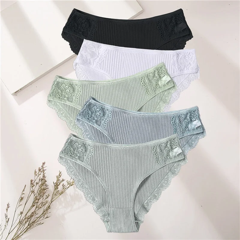 FINETOO 5PCS/Set Women Cotton Underwear Panties Floral Lace Soft Intimates Underpant For Woman Sexy Ladies M-XXL Lingerie Panty