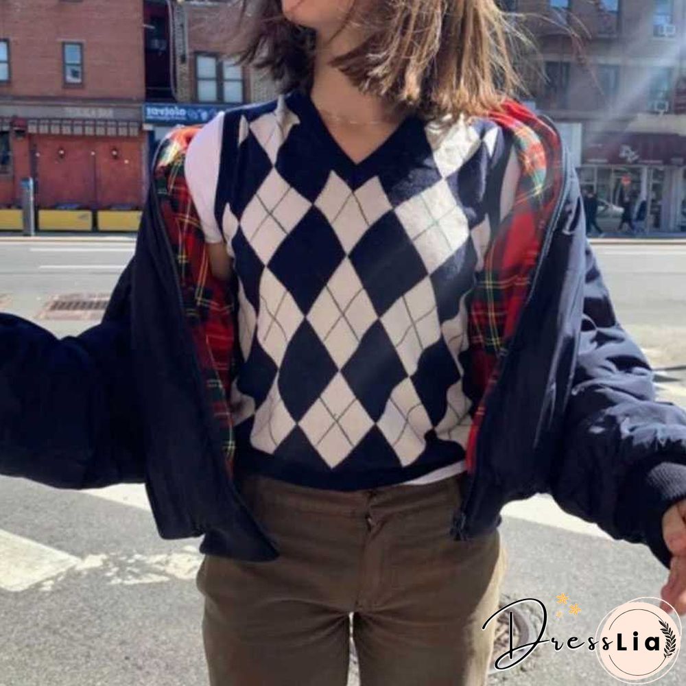 Checkered Cropped Knitted Tank Argyle Sleeveless Jumper