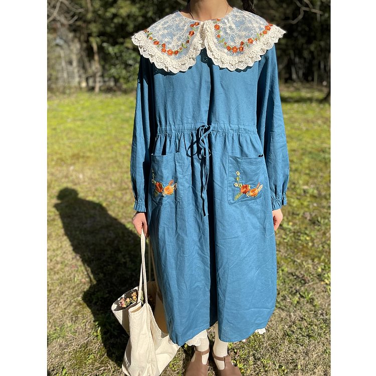 Queenfunky cottagecore style Big Lace Collar Embroidered Dress QueenFunky